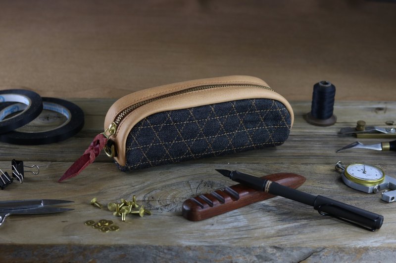 植鞣牛革拼接單寧布筆袋/收納袋(原澀)-幸運六芒星紋 - 鉛筆盒/筆袋 - 真皮 藍色