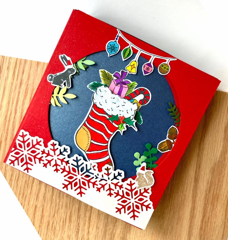 童趣聖誕襪禮盒 翻頁設計搭配可愛機關的設計卡片 - 卡片/明信片 - 紙 紅色