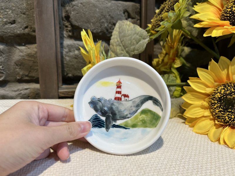 Hand Drawn Underglaze Painted Lighthouse Whale Right Whale Series 4 Small Deep Dish Sauce Dish Dipping Sauce Dish - จานเล็ก - เครื่องลายคราม หลากหลายสี