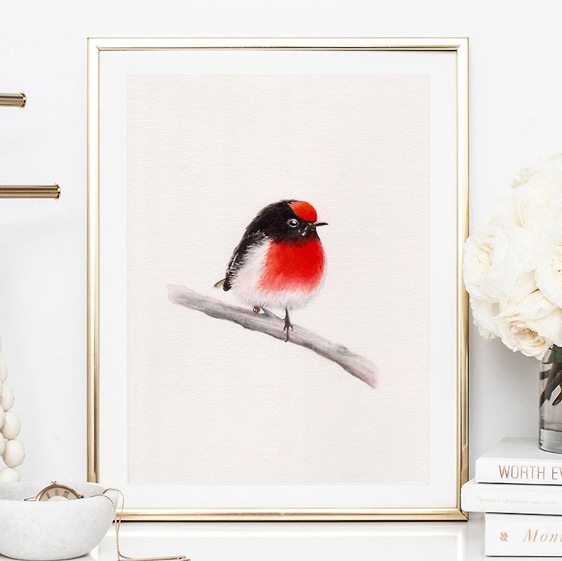 【Red Capped Robin】Limited Edition Art Print. Bird Watercolor Office Room Decor. - Posters - Paper 