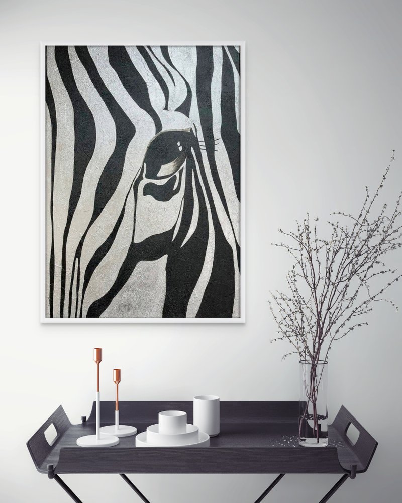 Large Abstract Zebra Oil Painting on Canvas Wall Picture for Living Room - ตกแต่งผนัง - ผ้าฝ้าย/ผ้าลินิน สีเงิน