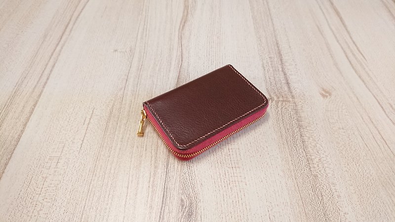 Zipper short clip coin purse ㄇ type zipper coin purse genuine leather full hand-sewn - กระเป๋าสตางค์ - หนังแท้ 
