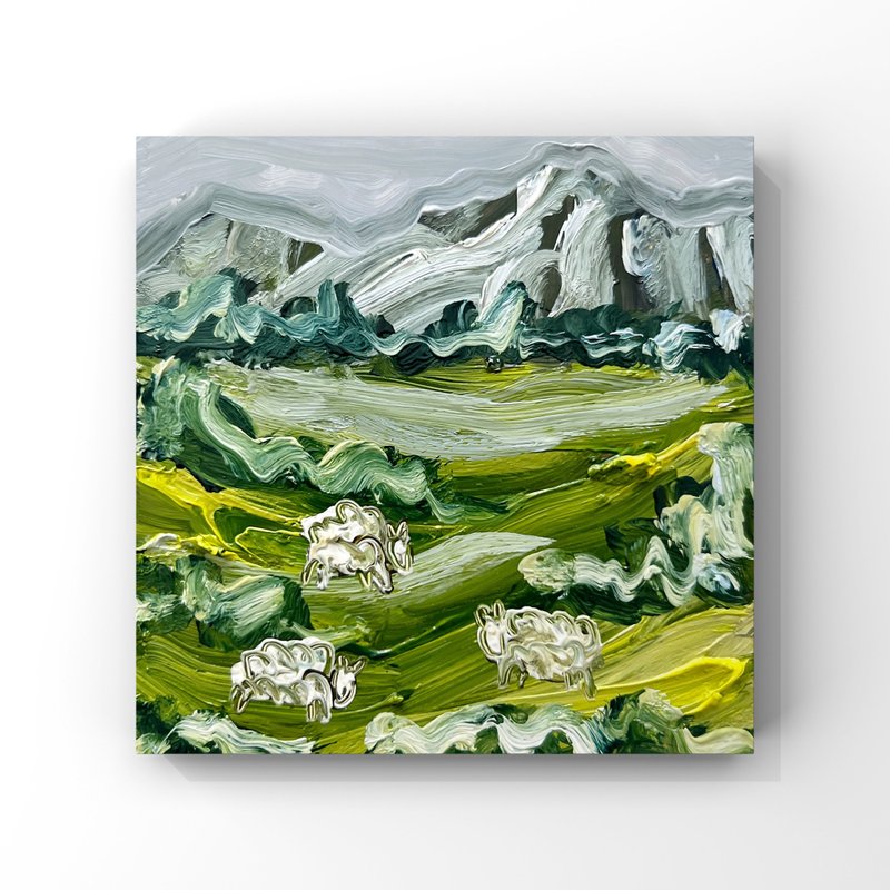 New Zealand landscape oil painting mountains green hills highlands small artwork - 海報/掛畫/掛布 - 其他材質 多色