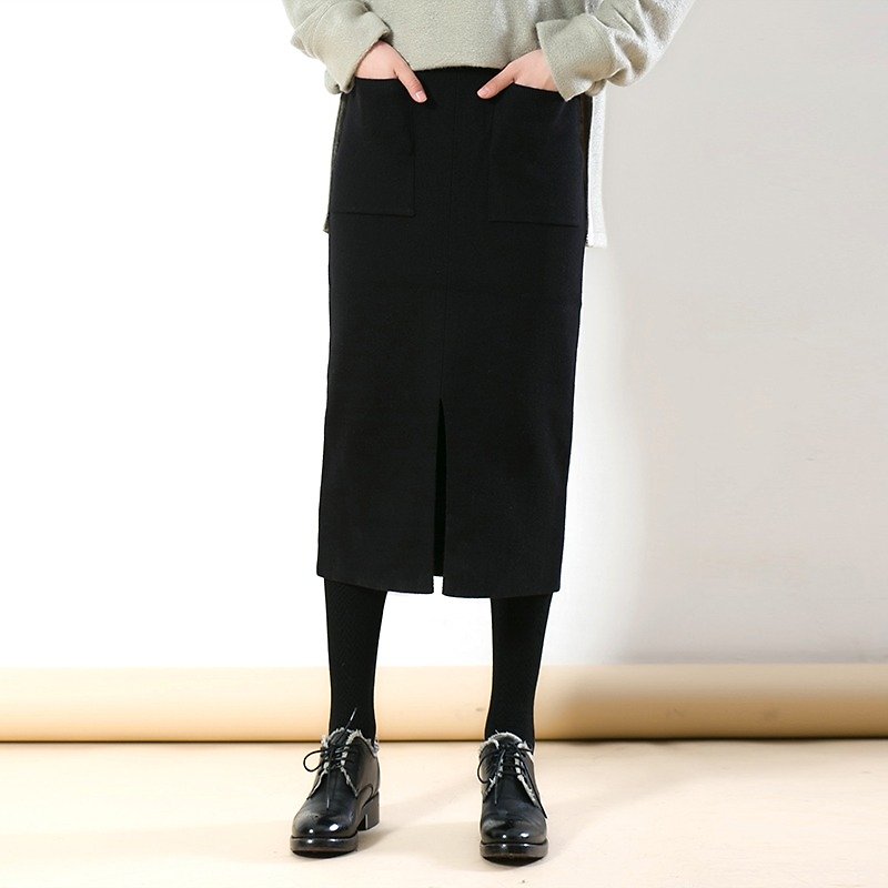 Anne Chen 2017 winter new women's knit long bag skirt - กระโปรง - ผ้าฝ้าย/ผ้าลินิน สีดำ