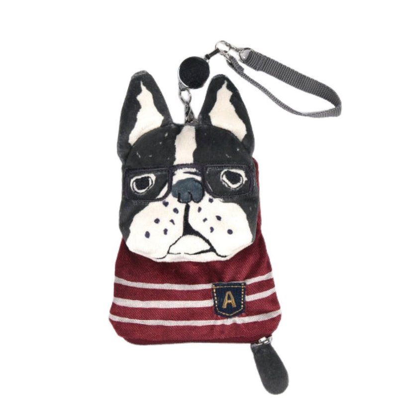 Kusuguru Japan パスケース リール付き小銭入れ 刺繍ふわふわ立体デザイン-フレンチブルドッグ - コインケース・小銭入れ - ポリエステル レッド