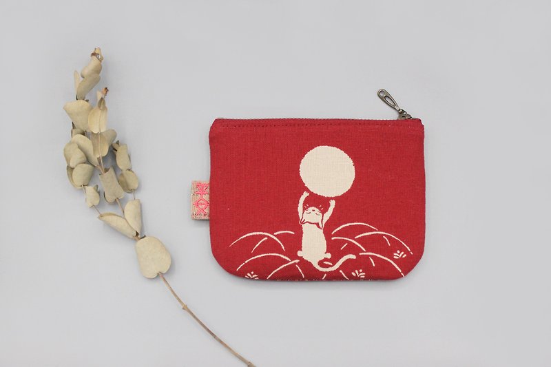 平安小樂錢包 -貓咪戲月,紅色款(日本古布),雙面雙色布 - 銀包 - 棉．麻 紅色