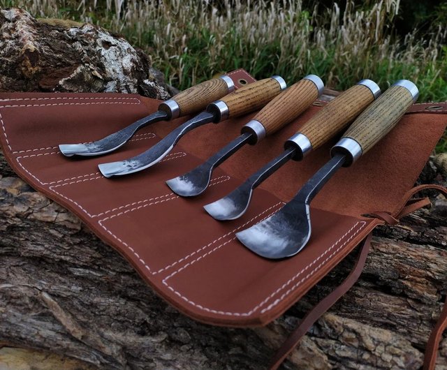 Wood Carving Tools Set 5 PCS. Straight Rounded Chisel. Forged Bent Gouge.  Rounded Chisel. Bent Gouge Hand Forged. Forged Knife. Spoon Knife 