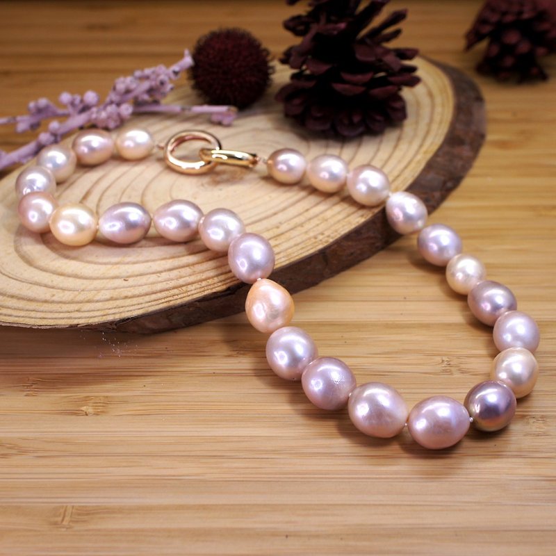 FOREVER -  Baroque Pink  Pearl 18K Rose Gold Plated Silver Clasp Necklace - สร้อยคอ - ไข่มุก สึชมพู