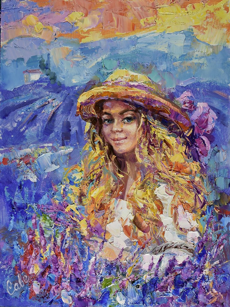 一个女人的肖像 Girl Painting 油畫原作 Original Painting Portrait Woman Artwork Hat Sunset - 掛牆畫/海報 - 木頭 多色