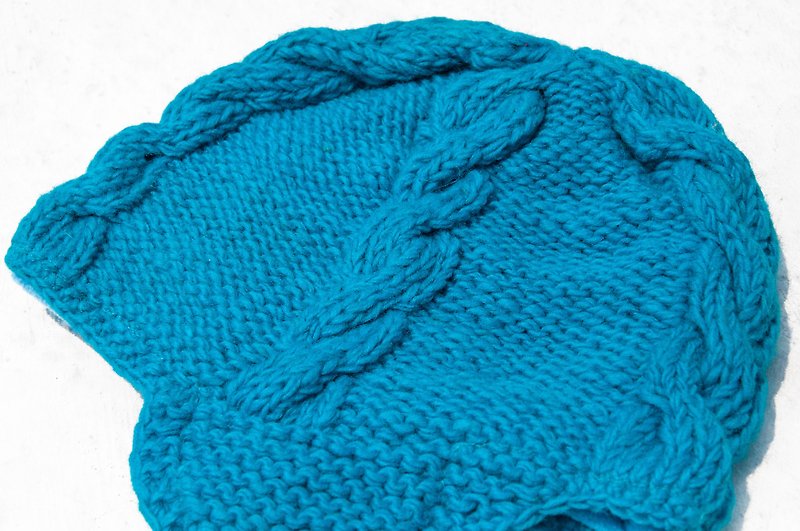 針織純羊毛帽/手工內刷毛毛帽/針織毛帽/飛行毛帽/毛線帽-藍色海 - 帽子 - 羊毛 藍色