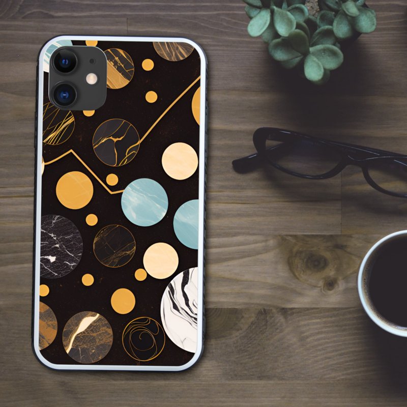 A stylish smartphone case with a luxurious and mysterious marble design featuring colorful polka dots [tempered glass finish] for iPhone 16 - เคส/ซองมือถือ - พลาสติก หลากหลายสี