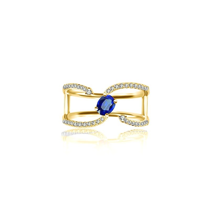 Single Sapphire Connected Diamond Ring - แหวนทั่วไป - เครื่องเพชรพลอย สีน้ำเงิน