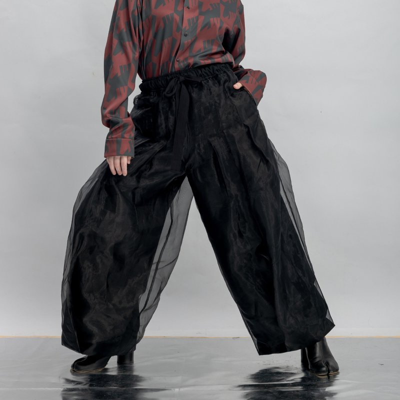 INF 雙層薄紗直筒印花寬褲 / 黑 - 女長褲 - 聚酯纖維 黑色