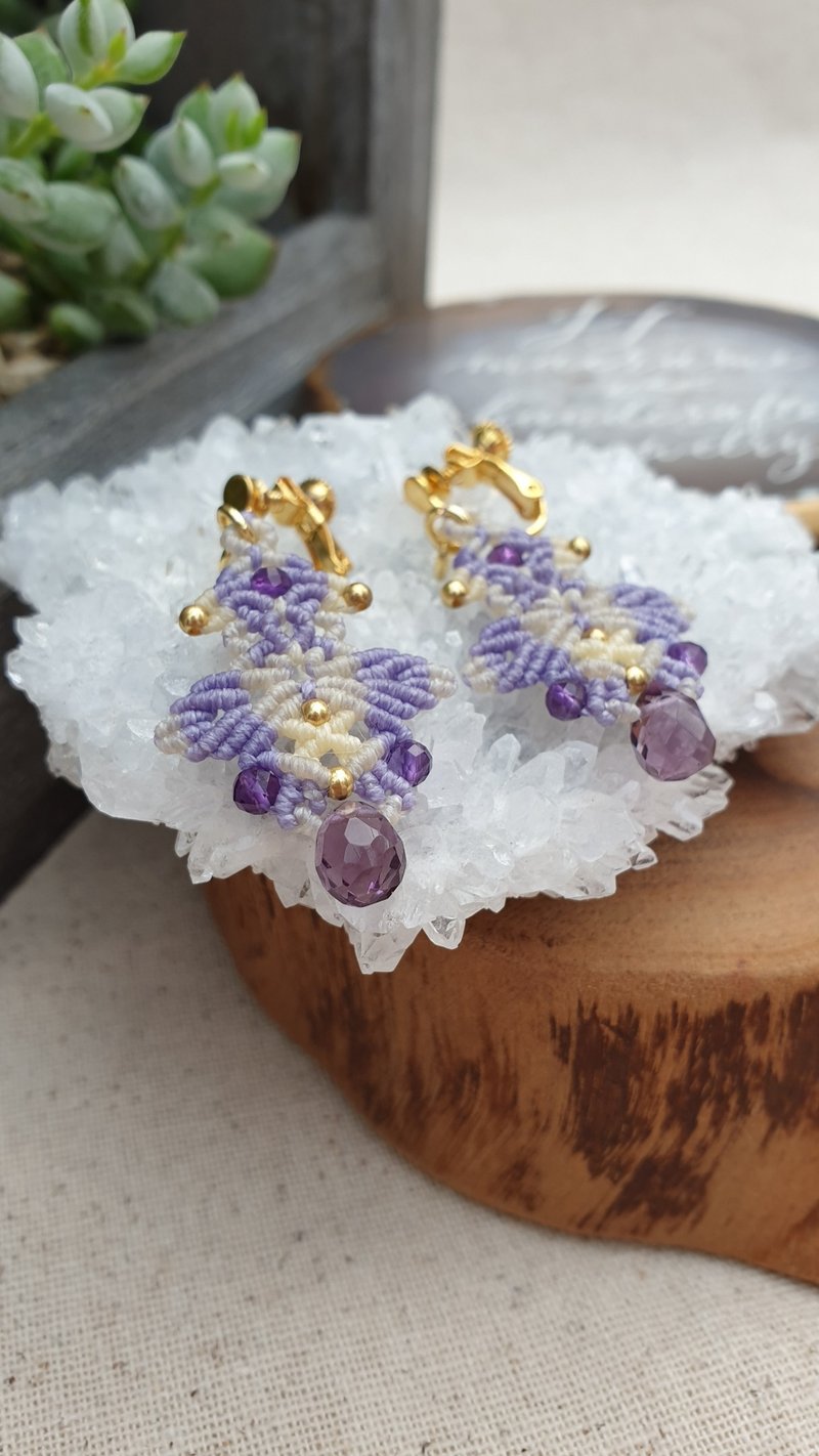 AM03切面紫水晶夾式南美蠟線編織耳環 - 耳環/耳夾/耳骨夾 - 其他材質 紫色