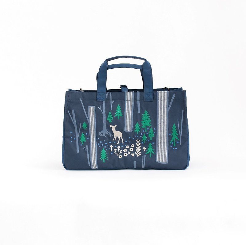 Forest trees embroidery/A4 tote - Handbags & Totes - Nylon Blue