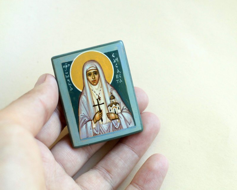 hand painted orthodox christian Saint venerable martyr prince Elizabeth Icon - อื่นๆ - ไม้ สีน้ำเงิน