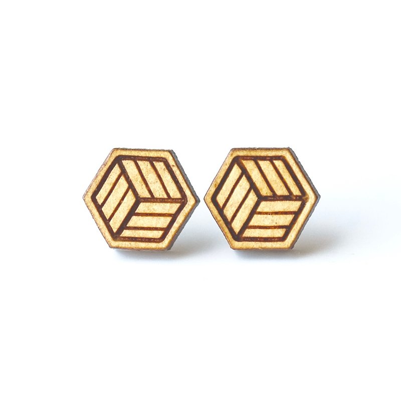 Plain wood earrings-Geometric hexagon - ต่างหู - ไม้ สีนำ้ตาล