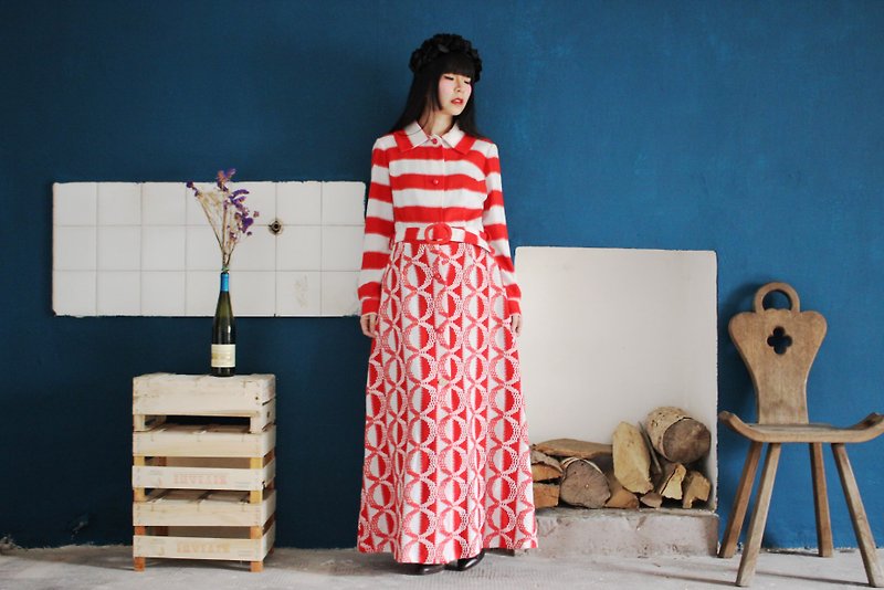 (Vintage Dress) Red White Unique Striped Circle Knit Belt Long-sleeve Dress (Wedding / Picnic / Birthday Present / party) (Christmas Gifts Christmas Exchange Gift) F3164 - One Piece Dresses - Wool Red