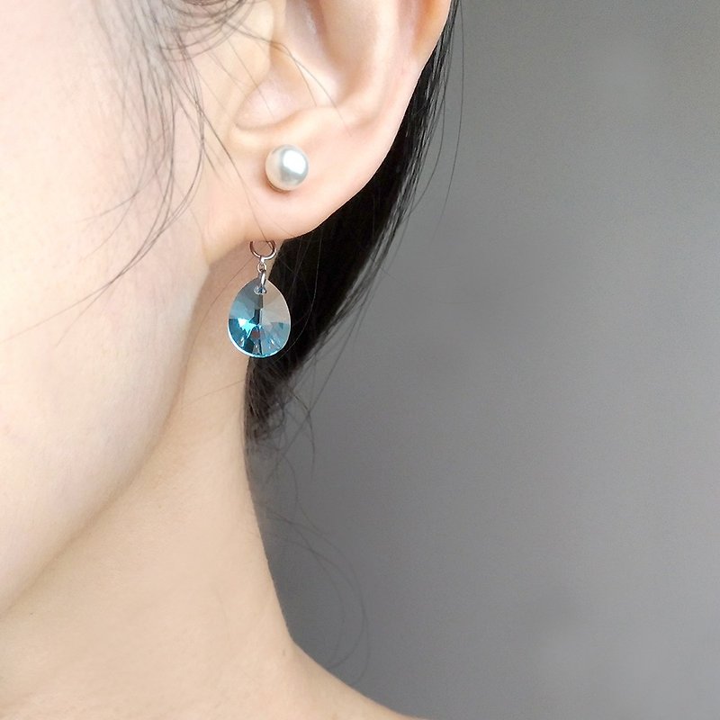 e052-清澈/珍珠-施華洛世奇藍水晶珍珠 針式夾式 耳環 - 耳環/耳夾 - 其他金屬 藍色