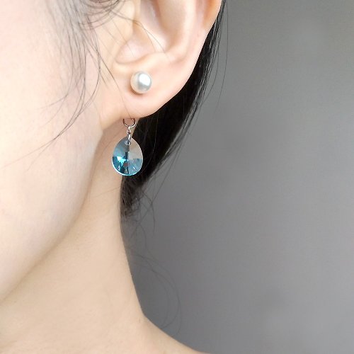 Link & See 串。手作 e052-清澈/珍珠-施華洛世奇藍水晶珍珠 針式夾式 耳環