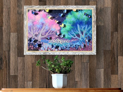 〈額装済み原画〉ピンクの花々／アクリル画　手描き　インテリア　アート 額装済み原画〉ピンクの花々／アクリル画 手描き インテリア アート