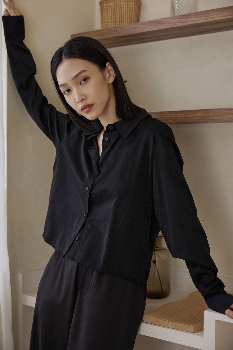 [Brand original] Evie rayon glossy soft neat blouse black - Women's Shirts - Other Man-Made Fibers White