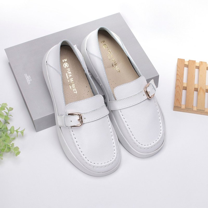 One-line buckle genuine leather casual shoes-white 8068L - รองเท้าลำลองผู้หญิง - วัสดุอื่นๆ ขาว