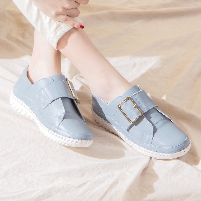 Leather Metal Square Buckle Magnet Thick Bottom Air Cushion Balloon Casual Shoes (Sky Gray Blue) - รองเท้าลำลองผู้หญิง - หนังแท้ สีน้ำเงิน