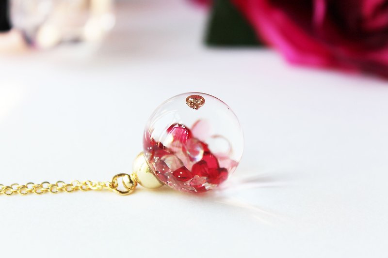 ＊Rosy Garden＊玫瑰桃紅色甜蜜飄雪水晶閃爍流動玻璃球項鍊 - 頸鏈 - 玻璃 紅色