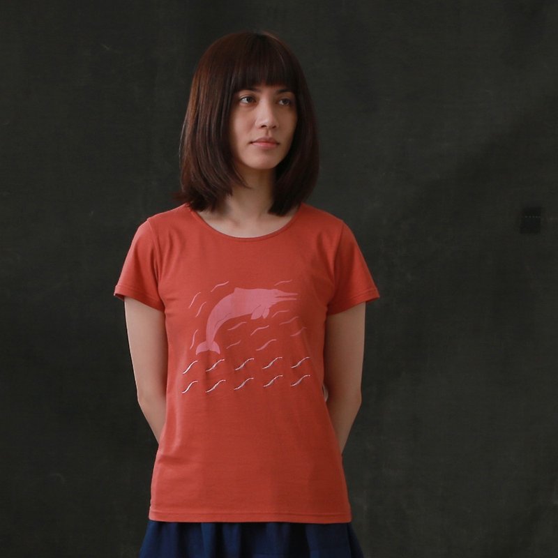 蘑菇Mogu / 有機棉衫/ 白海豚 - 中性衛衣/T 恤 - 棉．麻 紅色