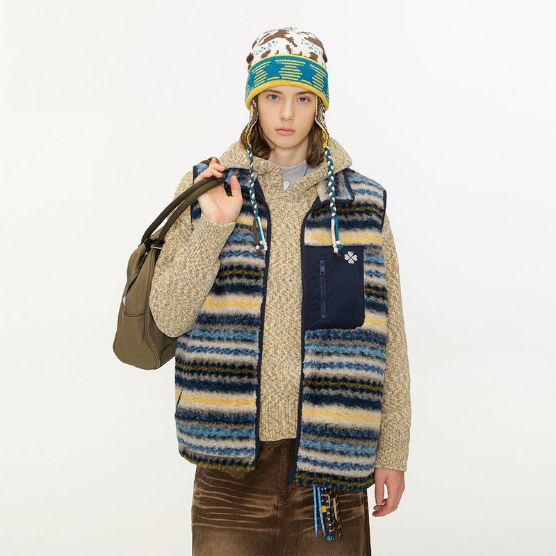 冬季羊羔絨外套  費爾島男士棉馬甲 刺繡棉服半高領背心 - 男夾克/外套 - 棉．麻 藍色