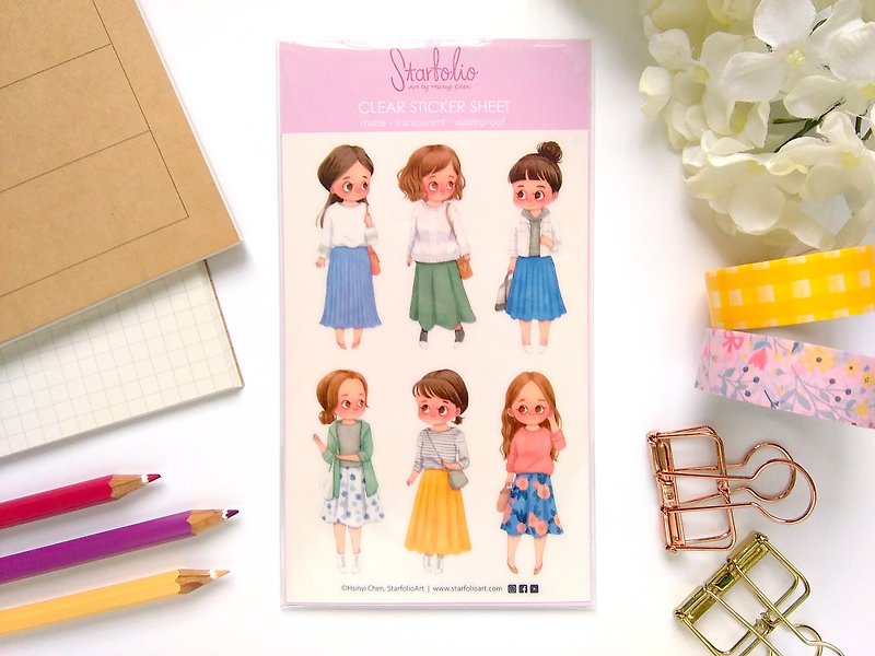 Spring Girls (Skirts) Clear Sticker Sheet - 6 Illustrated Planner Stickers - สติกเกอร์ - วัสดุกันนำ้ หลากหลายสี
