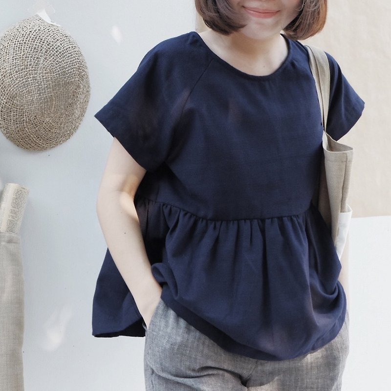 Helen Top~short sleeves : Navy - 女裝 上衣 - 棉．麻 藍色