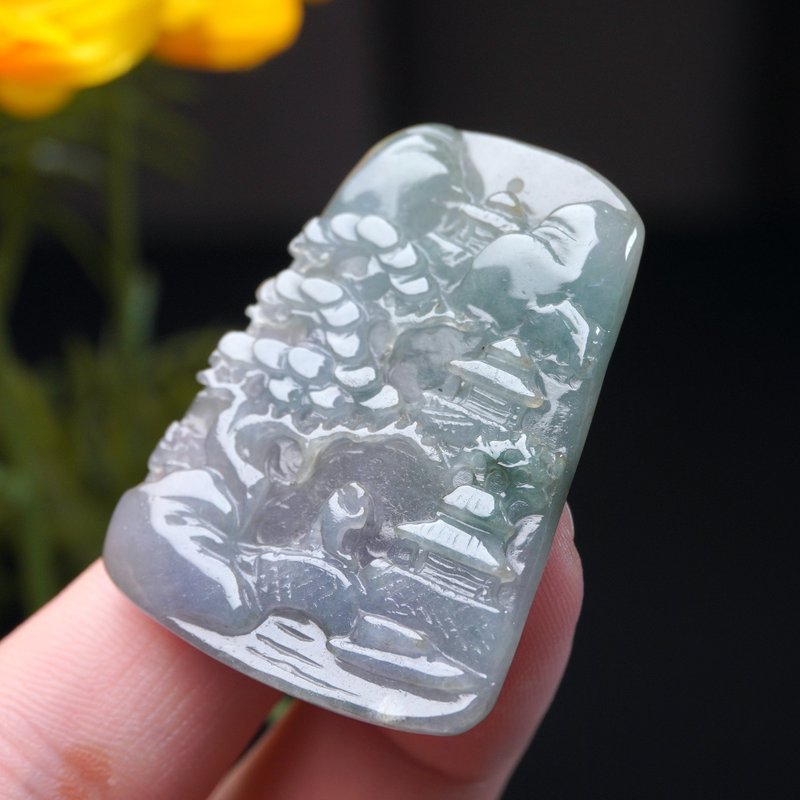 冰種紫羅蘭飄花翡翠山水牌項鍊 | 天然緬甸玉翡翠A貨 | 送禮 - 吊飾/掛飾 - 玉石 多色