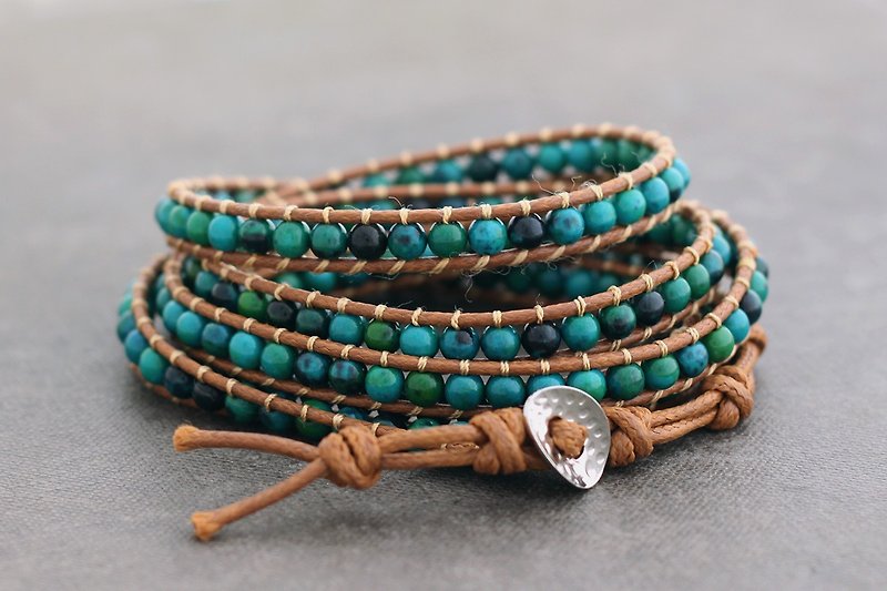 Chrysocolla 5x Rust Brown Wrap Bracelets Stone Boho Hippy Unisex - สร้อยข้อมือ - หิน สีเขียว
