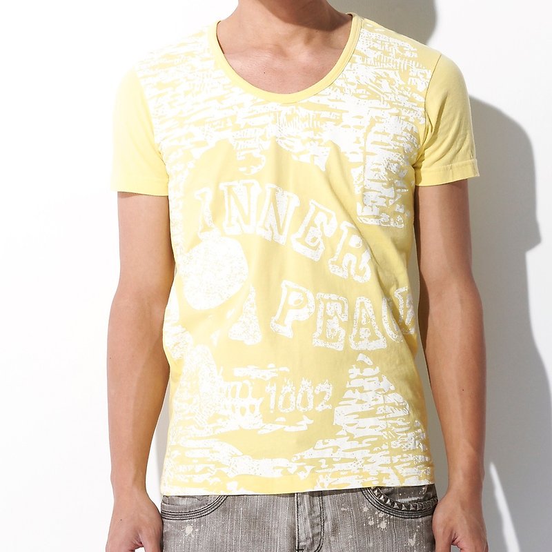 黃色 合身版 圓領 骷髏頭網版 精梳棉T-Shirt - 中性衛衣/T 恤 - 棉．麻 黃色