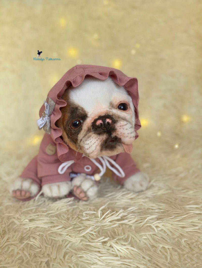 灰色法国斗牛犬逼真的玩具小狗 - 公仔/玩偶 - 聚酯纖維 白色