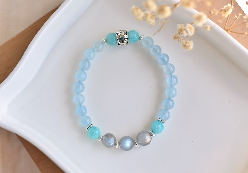 Labradorite + light blue aquamarine + Stone sterling silver crystal bracelet - Bracelets - Gemstone Blue