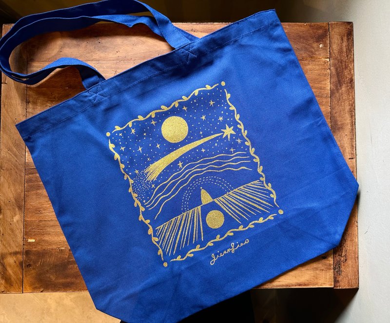 Jie-an Liao - The cosmos and me gold and silver double-sided silk print tote bag - light sapphire blue - Handbags & Totes - Cotton & Hemp 