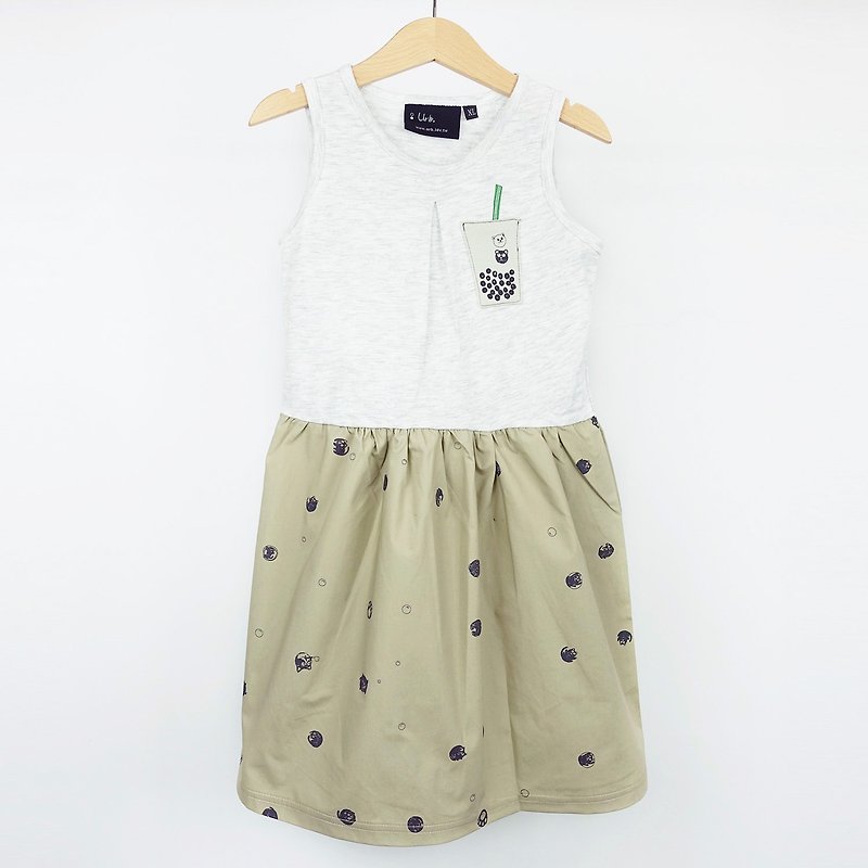 Urb. Pearl milk tea cat girl stitching dress - ชุดเด็ก - ผ้าฝ้าย/ผ้าลินิน สีกากี