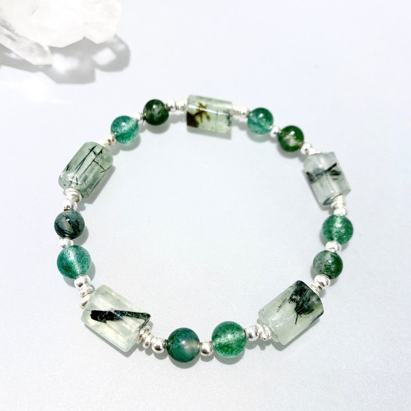 Ops Moss Agate Green Strawberry Quartz Gemstone Silver Handmade Bracelet - สร้อยข้อมือ - เครื่องเพชรพลอย สีเขียว