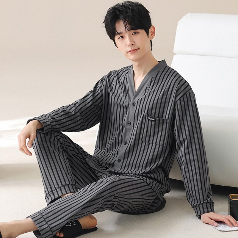 Pink Lady 男款 墨灰直條 長袖成套睡衣 棉質秋冬兩件式居家服 - 睡衣/居家服 - 其他人造纖維 灰色