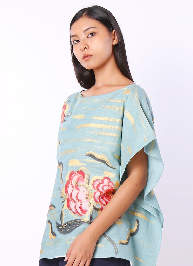 Poncho Cotton Rayon Blouse Hand paint For Summer Beach Vacation - 女裝 上衣 - 棉．麻 藍色