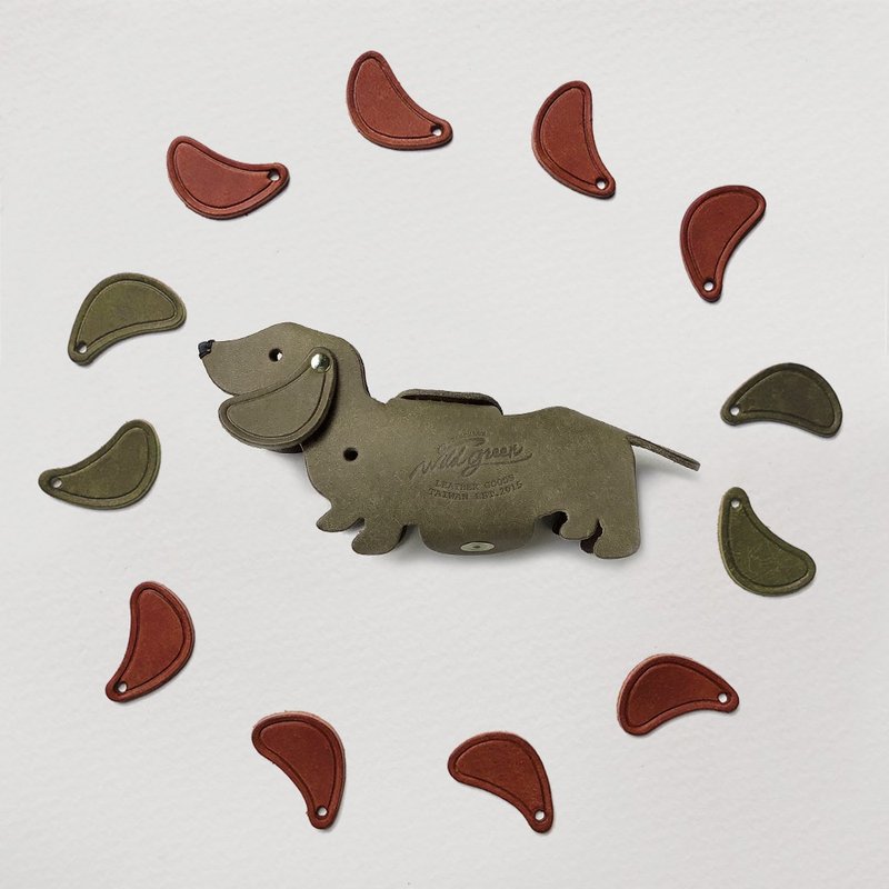 Love Dachshund Dog Car Key Case | Dark Green Grey Car Key Case - ที่ห้อยกุญแจ - หนังแท้ สีเขียว