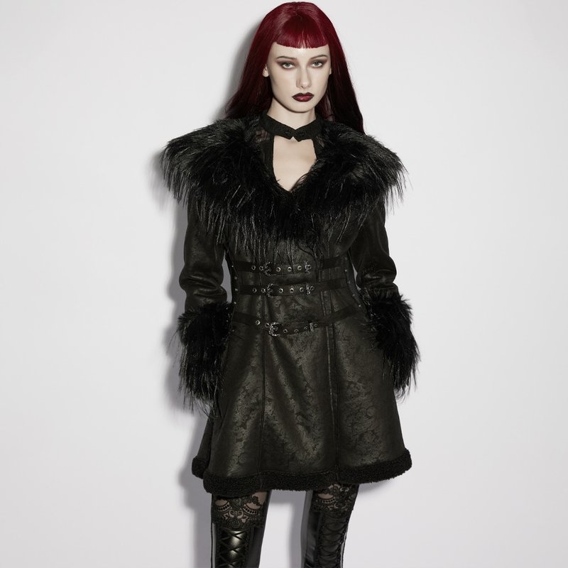 哥德霧之國薩滿仿皮草毛絨外套 - 女大衣/外套 - 其他材質 黑色