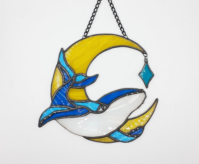 ステンドグラス 2色イルカのパネル(スタンド付) ステンドグラス サン