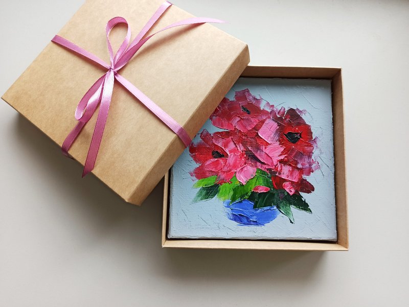 Poppy painting abstract still life, original art - one of a kind gift - ตกแต่งผนัง - ผ้าฝ้าย/ผ้าลินิน สีแดง