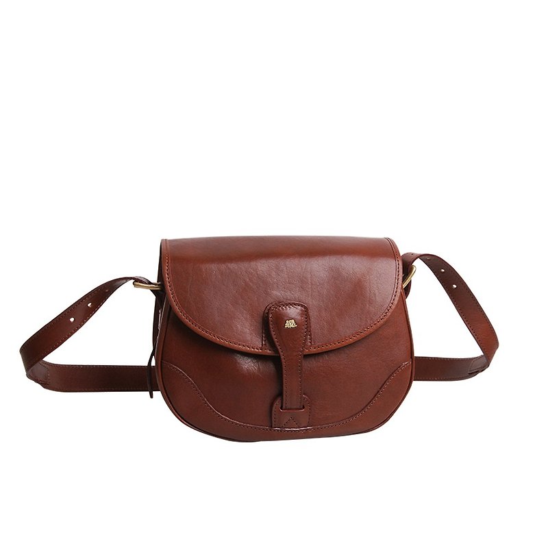 【SOBDEALL】Vegetable tanned leather cross-body bag with buckle - กระเป๋าแมสเซนเจอร์ - หนังแท้ สีนำ้ตาล