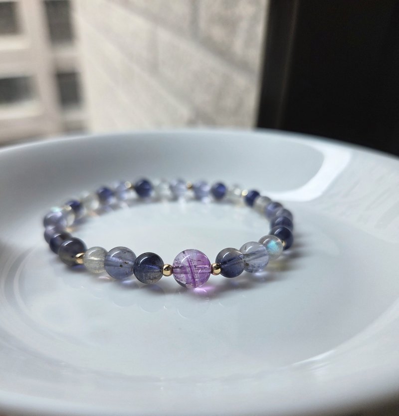 冰透堇青石 玻璃體超七 高光拉長石 水晶手鍊 - 手鍊/手環 - 寶石 紫色