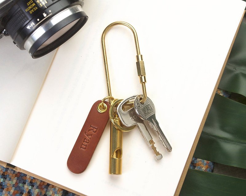 Slim brass screw carabiner clip with personalise name tag and whistle - Keychains - Genuine Leather Brown